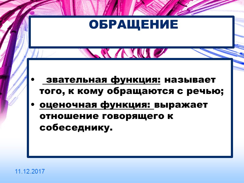 ОБРАЩЕНИЕ      звательная функция: называет того, к кому обращаются с